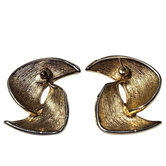 Vintage Black Gold Earrings Textured Detail Enamel Finish Fashion Jewelry Women - Picture 2 of 4